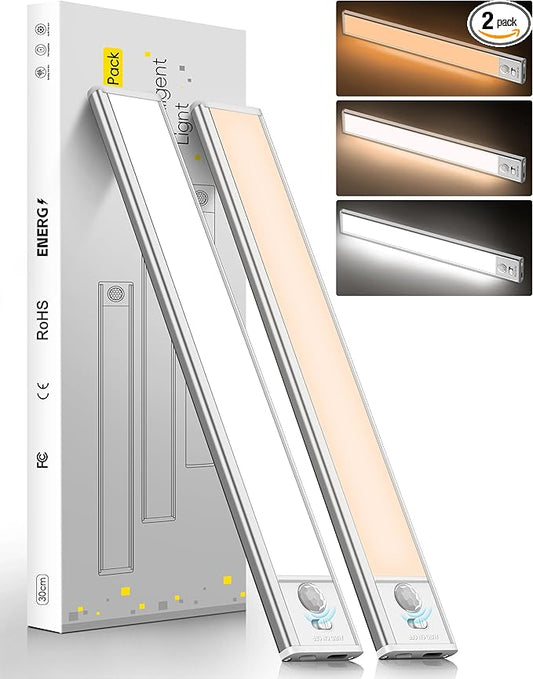 15.75inch Under Cabinet Lighting,with Motion Sensor,74LED 3Color Temperature,Closet Lights Motion Sensored, USB-C Charging,Durable And easy-to-install Magnetic Cabinet Light,staircases,wardrobes-2Pack