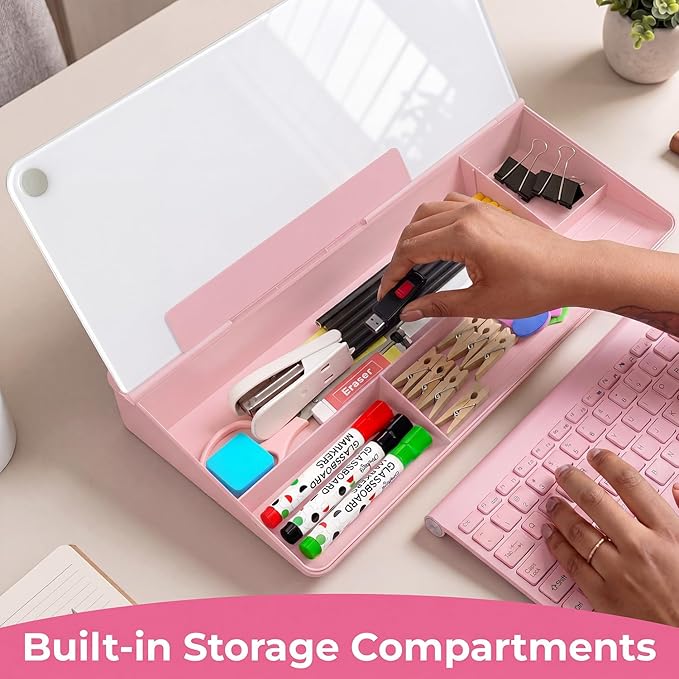 Chalkola Pink Glass Desktop Whiteboard with Storage - Dry Erase Board, Work Desk Organizers, Computer Keyboard Stand, Home Office Desk Accessories, Workspace Desktop Buddy