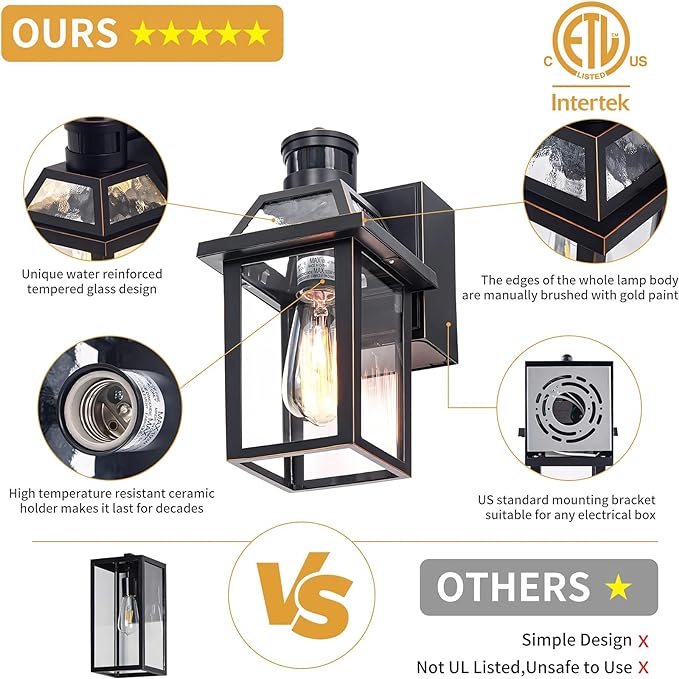Yisuro Porch Lights with GFCI Outlet, Dusk to Dawn Motion Sensor Outdoor Light, 3 Lighting Modes Exterior Fixture, Outside for House Front Door Patio Garage(2 Pack Black)