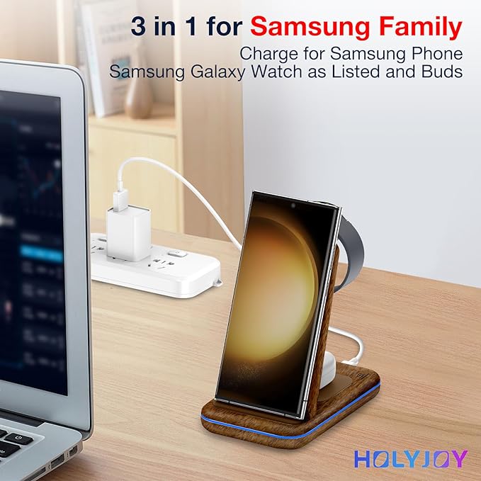 Wireless Charger for Samsung/Android, HOLYJOY Foldable 3 in 1 Fast Charging Station/Stand/Multi Charger for Samsung S25 Ultra/S24/Note 20, Travel Pad for Galaxy Watch 8/7/6/5/Active 2, for Buds(Wood)