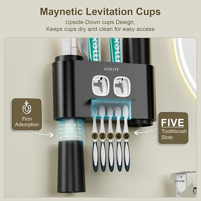 Toothbrush Holder Multi-Function Wall-Mounted, Automatic Toothpaste Dispenser & Dust-Proof Toothbrush Holder with 5 Brush Slots 4 Cups 2 Automatic Toothpaste Dispensers 1 Storage Slot (Black)