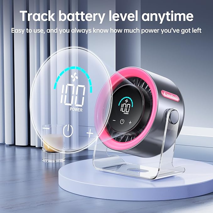 USB Desk Fan for Bedroom: 100 Speeds Digital Display Quiet Portable Fan with Turbo Airflow, 120° Rotating Small Rechargeable Battery Desktop & Wall-Mounted Fans for Bedroom Home Office (Pink)