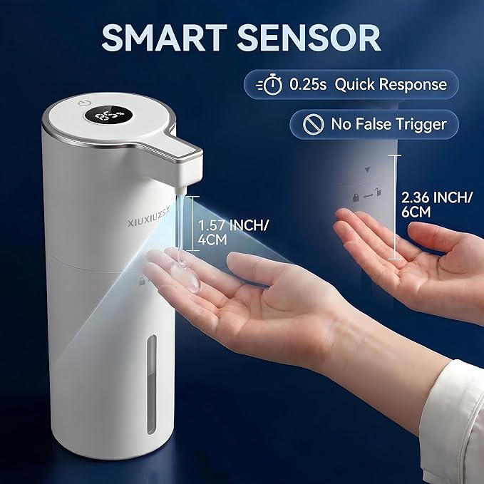 Automatic Soap Dispenser Liquid Touchless Upgrade Pump Uneasy Plugging Wall Mounted USB Rechargeable, 4-Level Adjustable 13.52oz Modern Electric Hand Soap Dispenser Kitchen Bathroom Kids Family White