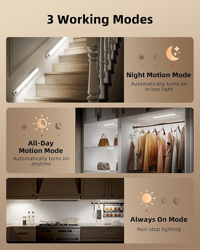 EZVALO 5-Pack Under Cabinet Lighting, 4000mAh Rechargeable Motion Sensor Light, 16.5inch Magnetic Closet Lights with Dimmable & 3 Color Temps, Wireless Motion Activated Lights with Remote for Kitchen
