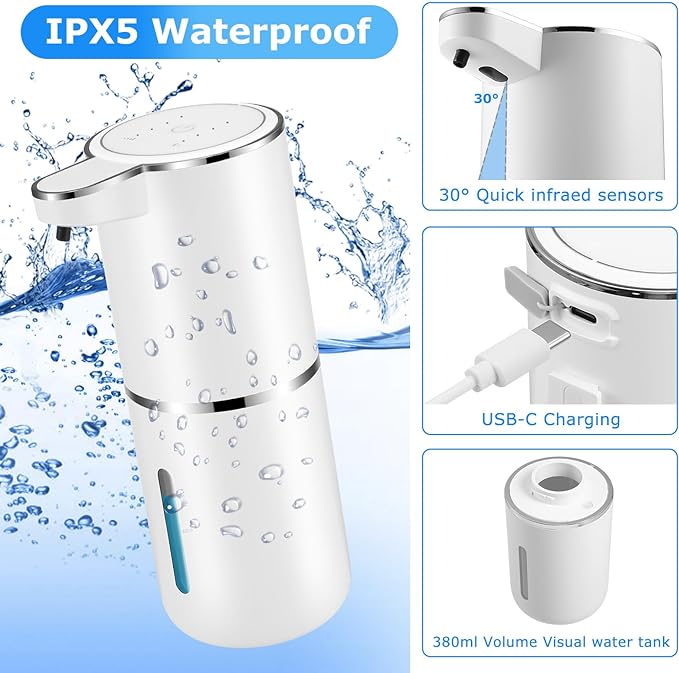 Automatic Soap Dispenser Touchless,Liquid Soap Dispenser with 4 Adjustable Levels,12.8oz USB Rechargeable and Wall Mounted,Smart Hand Soap Dispenser for Bathroom,Kitchen Sink,Dish Soap
