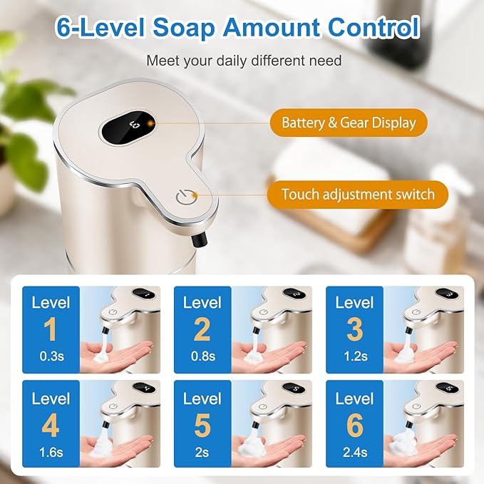 Automatic Foaming Soap Dispenser with Digital Display, 6-Level Foam Adjustable, Rechargeable, 12.8oz/ 380ml Wall Mounted Touchless Hands Free Auto Dispenser for Kitchen, Bathroom, Hotel, Restaurant