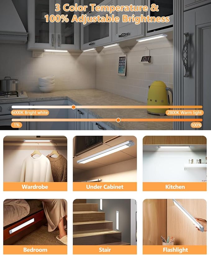 Under Cabinet Lights 2 Pack, 60 LED Dimmable Motion Sensor Light Indoor, Wireless USB Rechargeable with 3 Color Modes & Magnetic Mount for Kitchen, Pantry, Wardrobe, Storage, Hallway