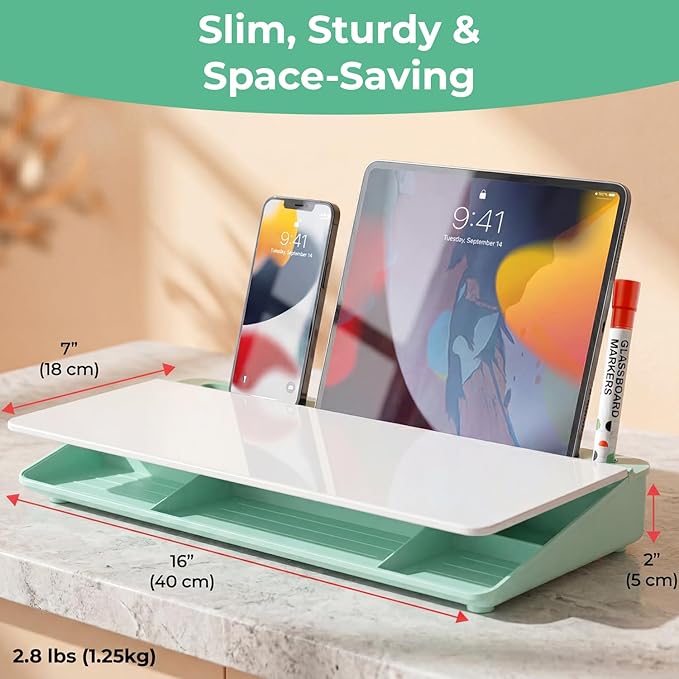 Chalkola Green Glass Desktop Whiteboard with Storage - Dry Erase Board, Work Desk Organizers, Computer Keyboard Stand, Home Office Desk Accessories, Workspace Desktop Buddy