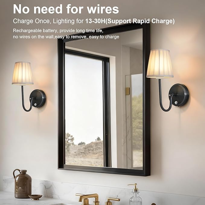Cordless Motion Sensor Wall Sconce Set of 2, Rechargeable Wireless Wall Lamp with 5200mAh Battery, Dimmable Wall Sconce Light with Switch and Remote for Living Room Bedroom Hallway, Black