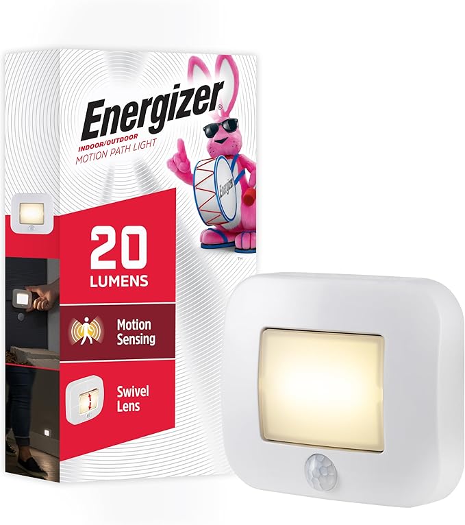 Energizer Motion-Activated LED Path Light, Wireless, 20 Lumens, Battery Powered, White, Ideal for Hallway, Entryway, Stairs, Pathway, Night Light, 38183