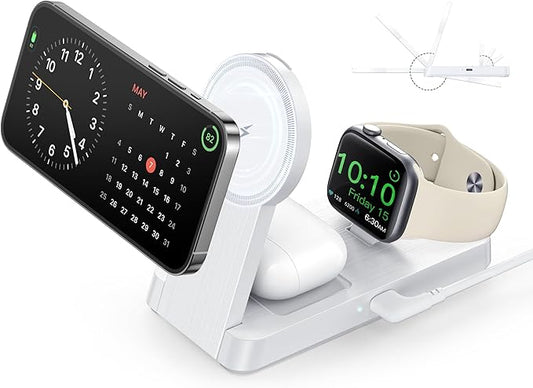 3 in 1 Magnetic Wireless for iPhone Charging Station: Foldable Portable Charger for iPhone 17-12 Pro Max & Apple Watch & AirPods, for Apple Multiple Devices Charger for Home,Office&Travel