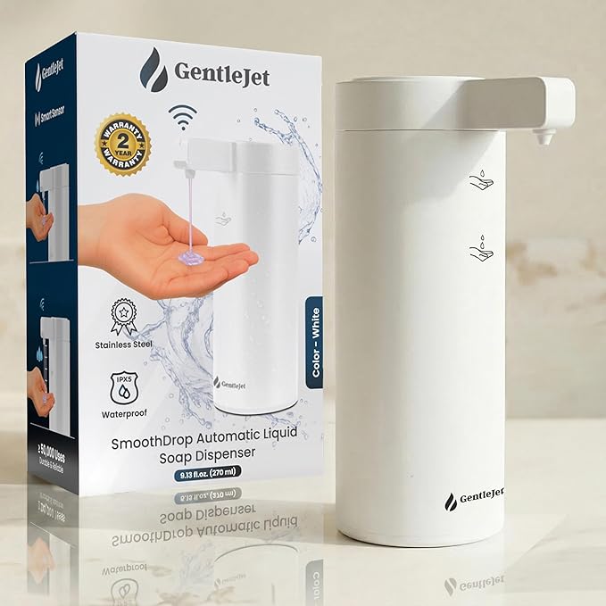 GentleJet SmoothDrop Automatic Liquid Soap Dispenser Touchless, No-Drip Precision Pump, USB-C Rechargeable, 304 Stainless Steel, Waterproof Countertop Dispenser for Kitchen & Bathroom Sink, 270 ml