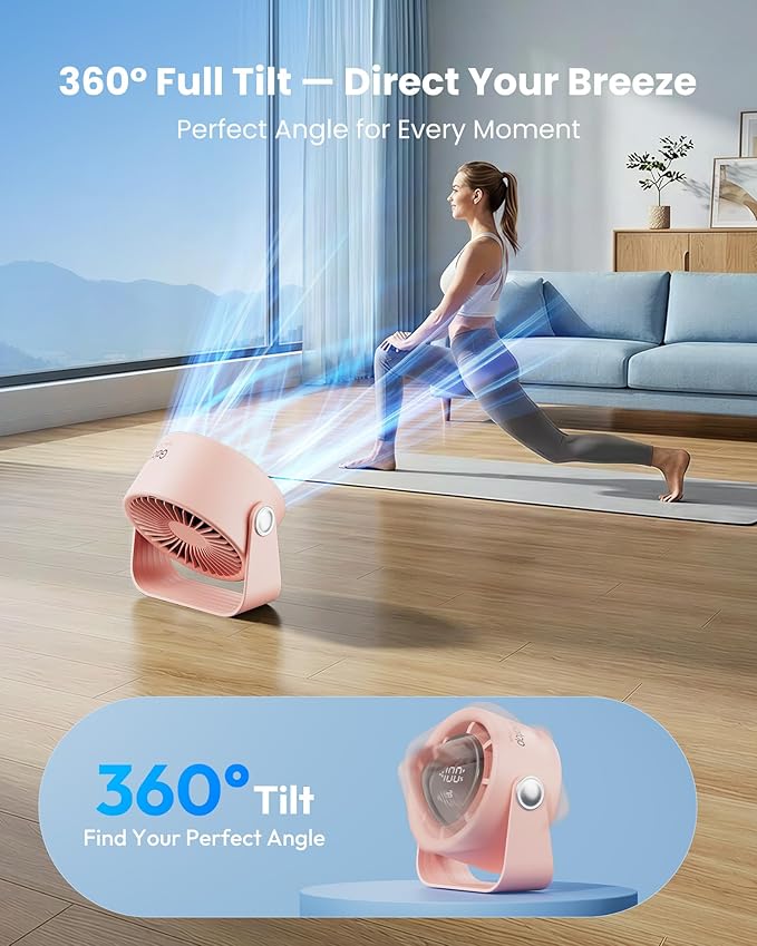 Gaiatop Small Desk Fan Rechargeable, Quiet Personal Table Fan, Touch Control Display, 360° Tilt, 5-Speed Strong Wind, 4000mAh Battery, Small Fans for Bedroom Dorm Office, Gifts for Women Girls, Pink