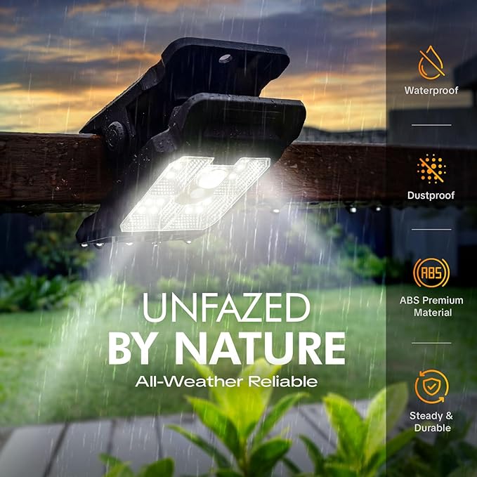 Clip On Solar Lights Outdoor, Motion Sensor Solar Fence Lights with 3 Modes, Wireless Security Lights for Deck, Gutter, Patio, Camping (1 Pack)