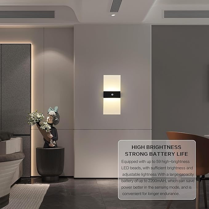 Rechargeable Battery Operated Wall Sconces Set of 2,Magnetic Wireless Led Wall Lamp, Motion Sensor Wall Lights Indoor Dimmable Night Light with Switch for Bedroom,Living Room,Hallway,Stair