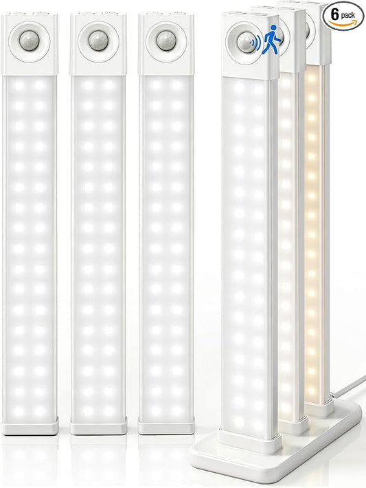 EZVALO 6 Pack LED Under Cabinet Lights Wireless with Charging Station, 11.8'' Motion Sensor Light Indoor, 1100mAh Rechargeable, 3 Color Temperatures, Dimmable Closet Lights for Pantry, Hallway, Stair