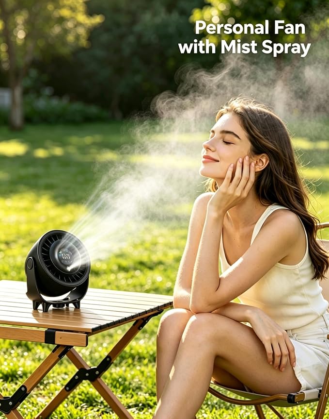 Ouddy Mode Small Desk Fan, 4000mAh Portable Misting Quiet Table Fan with Digital Display, Wall-Mouted Design USB Rechargeable Desk Fans for Office Bedroom Home Travel Outdoor Black