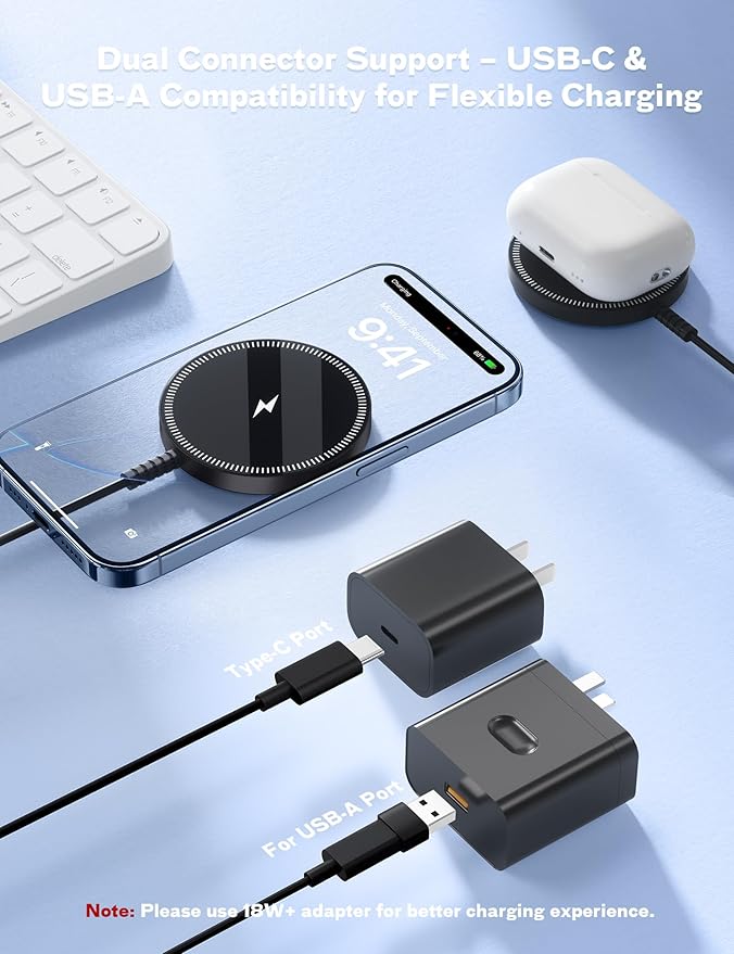 Magnetic Wireless Charger Fast Charge Strong Magnet Charging Pad for iPhone 17/16/15/14/13/12 - Series&AirPods Pro 4-2, Daul Ports, Case-Friendly, Ultra-Slim & Portable for Travel Nightstand Desk