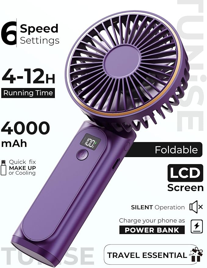 TUNISE Portable Handheld Fan, 4000mAh, 180 Adjustable, 6 Speed Wind, USB Rechargeable Foldable Fan with Real-Time Electricity Display