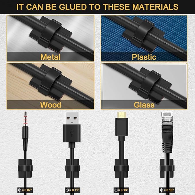 100pcs Self with 3M Adhesive Cable Clips Wire Holders Cord Organizer Cable Clamp Management Sticky for Office Home Car Desk Tables PC Laptop TV Wall, Black