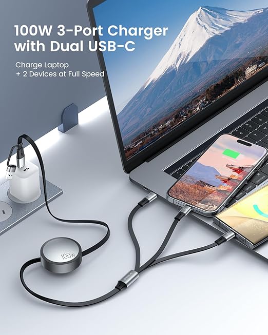 CAFELE Multi Charging Cable 100W Retractable USB C Cable, 6-in-1 Dual Type C and 27W L 5A Fast Charger Cord for Phone 16 15 14, Galaxy S24 S23, MBook, Pad and Multiple Devices (3.6ft)