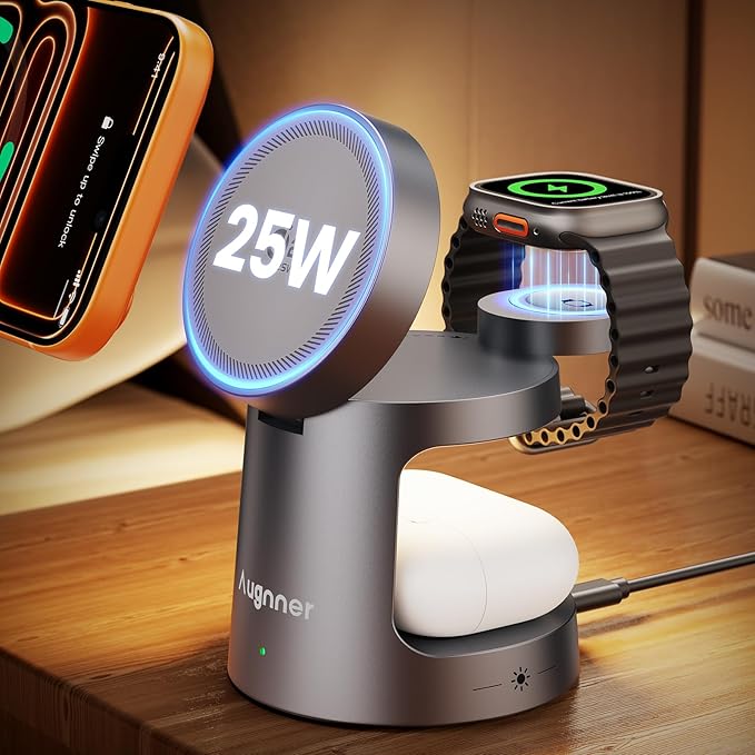 3 in 1 Charging Station Compatible with MagSafe Charger, Qi2.2 25W Magnetic Wireless Charger with Night Light, Foldable Charging Stand for iPhone 17/16/15/14/13/12, Apple Watch, AirPods (45W Adapter)