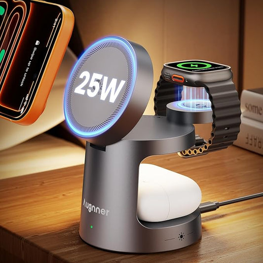 3 in 1 Charging Station Compatible with MagSafe Charger, Qi2.2 25W Magnetic Wireless Charger with Night Light, Foldable Charging Stand for iPhone 17/16/15/14/13/12, Apple Watch, AirPods (45W Adapter)