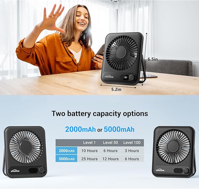 WHATOOK Small Desk Fan Personal Fans: 5000mah 25 Hours Battery Office Quiet Mini Desktop Fan Portable Rechargeable Travel Essentials (Black, 5000 mAh)