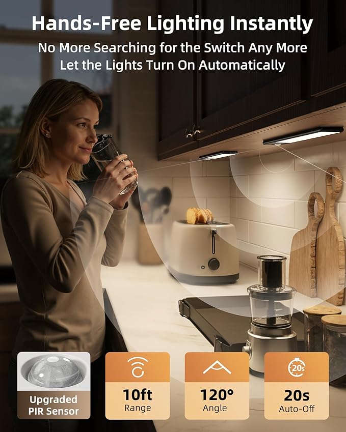 EZVALO 8" Under Cabinet Lighting, 2400mAh USB-C Rechargeable Motion Sensor Light, 3 Color Temps, 5-Level Dimmable Magnetic Wireless Closet Lights for Kitchen, Pantry, Stairs (2 Pack)
