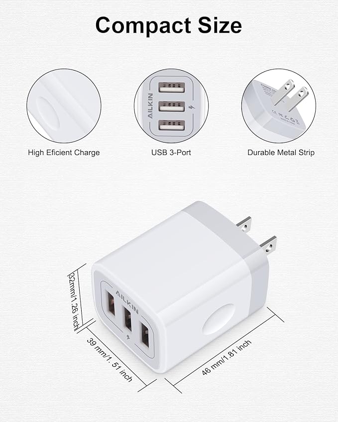 USB Charger Cube, Wall Charger Plug, AILKIN 3.1A 3-Muti Port USB Adapter Power Plug Charging Station Box Base for iPhone 17 16 15 14 13 12 Pro Max Mini SE 11 Pro Max Samsung Phones Charging Block