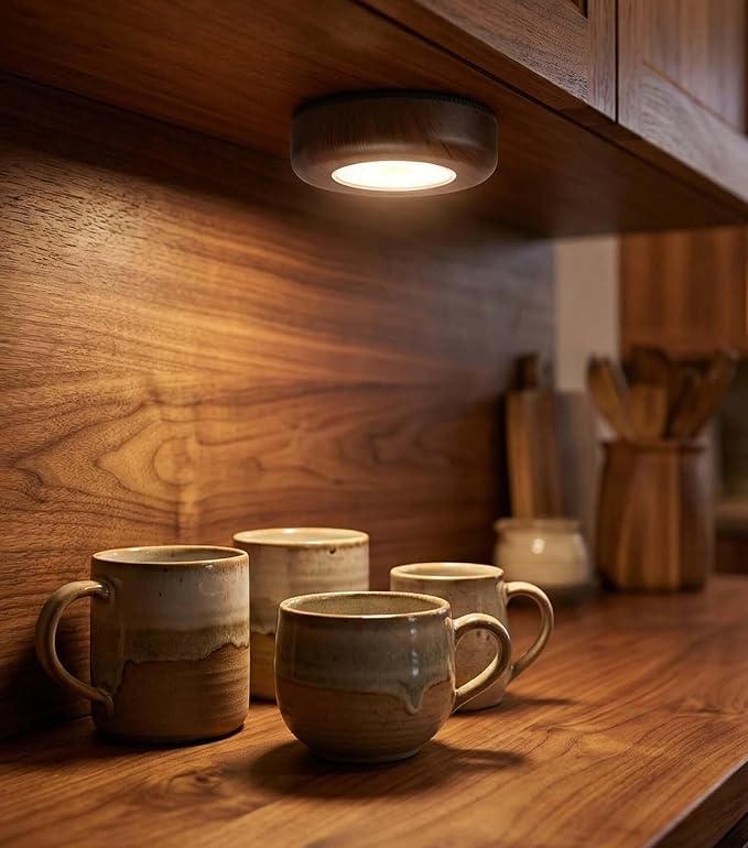 Wood Grain LED Puck Light, Wireless Tap Light Battery Operated, Stick On Push Lights, Under Cabinet Lighting for Closet, Wardrobe, Shelf, Showcase (6 Pack)