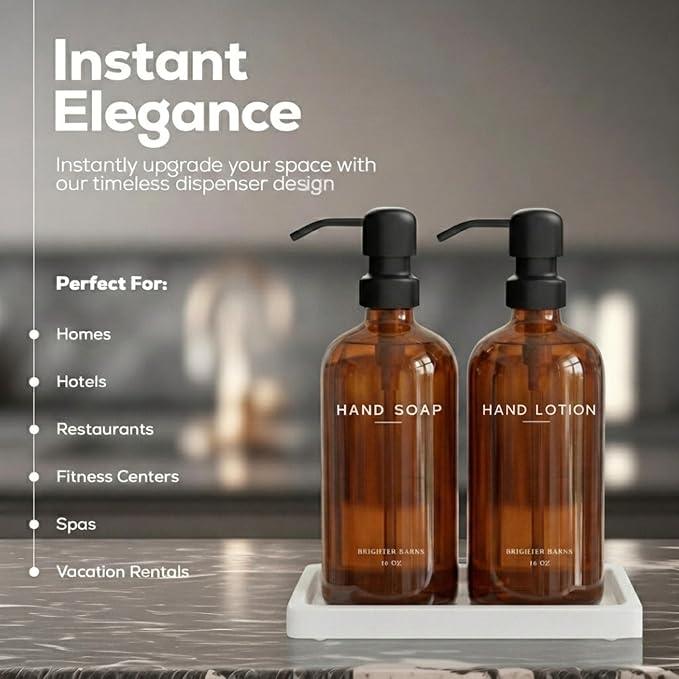 Amber Glass Soap and Lotion Dispenser Set with Tray by Brighter Barns - Hand Soap Dispenser Bathroom Set & Stainless Steel Pump for Home, Restaurant, Spa - Neutral Bathroom Decor & Accessories (Amber)