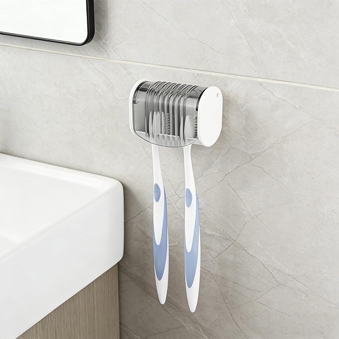 2 Pack Toothbrush Holder Wall Mounted with Cover for Bathroom, 2 Slots Toothbrush Storage Organizer for Shower, Self Adhesive Toothbrush Hanger (Grey)