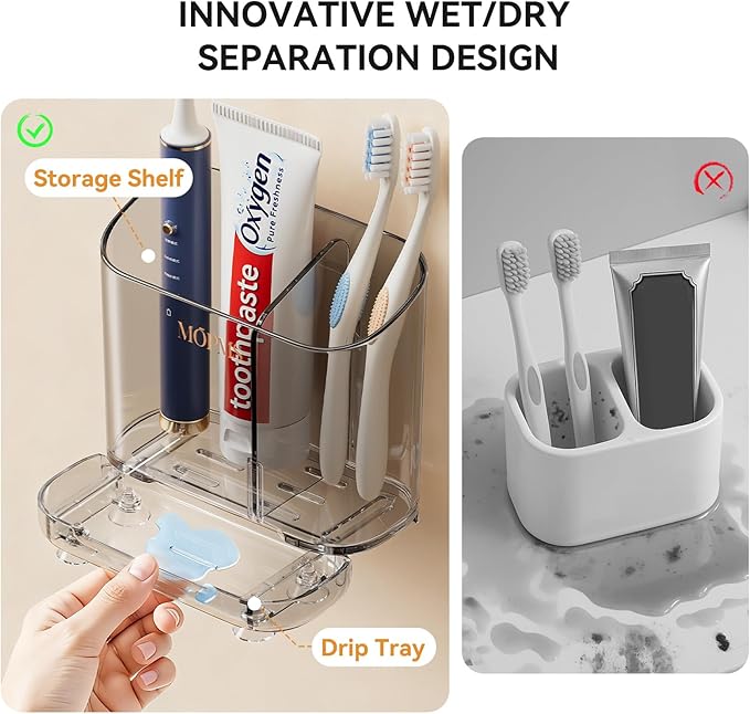Toothbrush Holders with Drainage for Bathroom Countertop Organizer, 2 Slots Electric Toothbrush Holder Wall-Mount with Divider for Easy Clean, Tooth Brush and Toothpaste Holder for Bathroom Kitchen