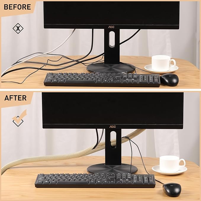 AGPTEK Cable Sleeve, 2 Pack 5ft - 1.2 Inch Cable Management, Desk Cord Cover Organizer Wire Hider for Office Computer TV Wire Loom Tubing, Pet Proof Cord Protector from Cat Dog Chewing, Wood Color