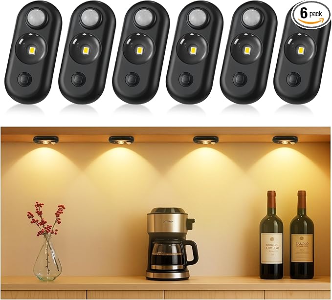LED Motion Sensor Puck Lights, Small Rechargeable Under Cabinet Light, Dimmable Warm White Closet Lights, Wireless Under Cabinet Lighting for Drawer, Kitchen (6 Pack)