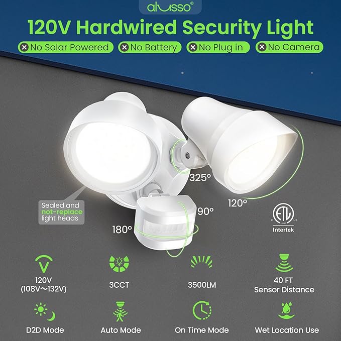 ALUSSO Motion Sensor Outdoor Lights, 30W 3500LM Flood Lights Outdoor 120V, 3 Modes (Dusk to Dawn/Auto/On Time), 3CCT 3000K/4000K/6500K Waterproof Hardwired ETL Listed, Porch Flood Light, White 2PCS