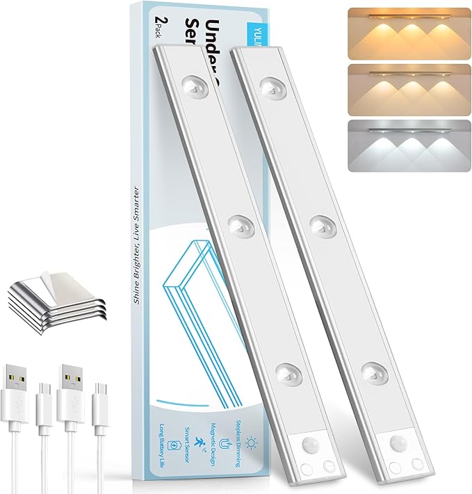 LED Under Cabinet Light, Under Counter Dimmable Lighting with Motion Sensor, USB Rechargeable Motion Sensor Light, Cat’s Eye Hill Corrugated Effect, for Display Cabinet, Showcase, Wine Cabinet