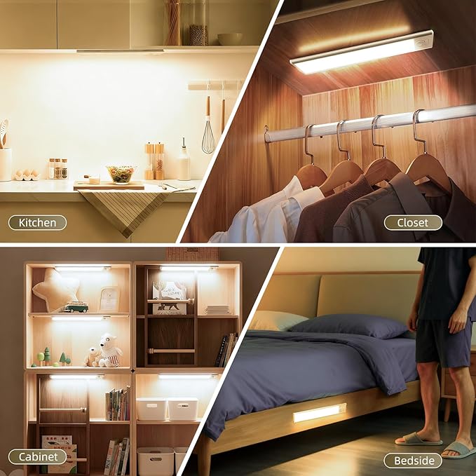 16inch Under Cabinet Lighting, 4 Pack Rechargeable Motion Sensor Light Indoor, Wireless Dimmable Magnetic Closet Lights, 68 LED Under Counter Lights for Kitchen, Wardrobe, Stairs, Warm Light