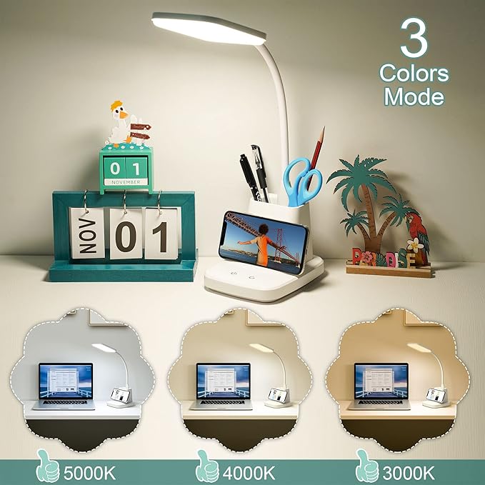 Upgraded LED Desk Lamp with Wireless Charger, White Small Desk Light with Pen Holder, 3 Color Modes, CRI 85, 800 Lumen, Study Lamps for College Dorm Room, Home Office, Adapter Included
