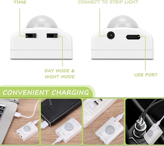 LUXJET 2 Pack Warm White Motion Sensor LED Strip Lights with Rechargeable 3.28ft, LED Closet Light Gun Safe Lights Motion Activated, Stair Lights Indoor