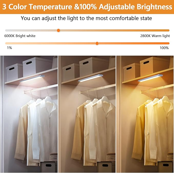 Under Cabinet Lights 2 Pack, 60 LED Dimmable Motion Sensor Light Indoor, Wireless USB Rechargeable with 3 Color Modes & Magnetic Mount for Kitchen, Pantry, Wardrobe, Storage, Hallway
