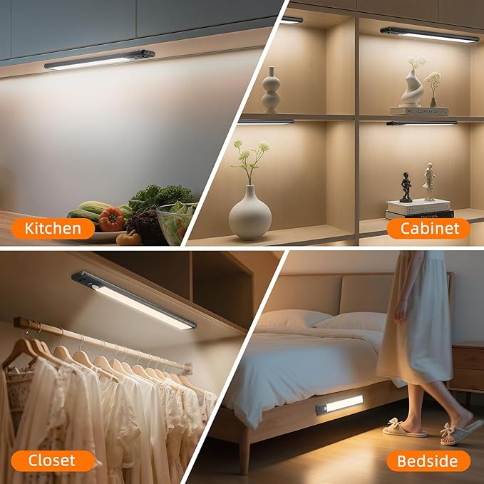 Under Cabinet Lighting Wireless, Rechargeable 10inch Motion Sensor Light Indoor, 3 Color Closet Light Battery Operated with LED Power Display, Magnetic Under Counter Lights for Kitchen (3Pack-Black)