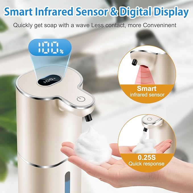 Automatic Foaming Soap Dispenser with Digital Display, 6-Level Foam Adjustable, Rechargeable, 12.8oz/ 380ml Wall Mounted Touchless Hands Free Auto Dispenser for Kitchen, Bathroom, Hotel, Restaurant