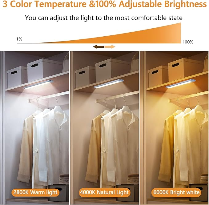 Motion Sensor Under Cabinet Lighting, 2-Pack USB-C Rechargeable 1700mAh Battery, 3 Color Temperatures & Dimmable, 35LED Wireless Magnetic Design for Kitchen, Closet, Stairs, Workshop