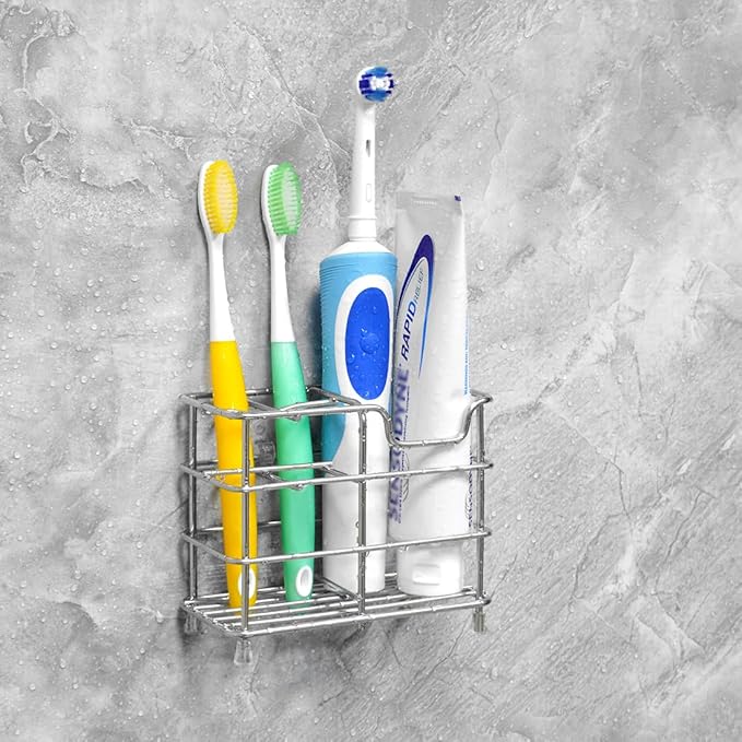 Linkidea Wall Mount Toothbrush Holder for Bathroom, Stainless Steel Stand for Electric Toothbrush, Toothpaste, Razor, Self Adhesive/Countertop 5 Slots Organizer (Chrome)