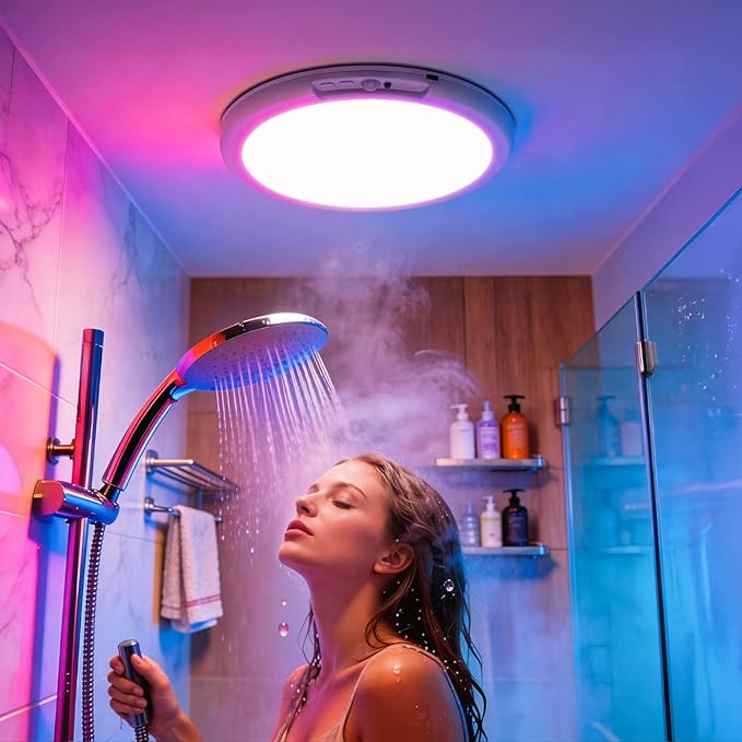 Bojim Rechargeable RGB Waterproof Shower Ceiling Light for Bathroom Inside, 12 Color Changing Motion Sensor Wireless LED Mood Battery Operated Wall Lights with Remote for Bedroom Party