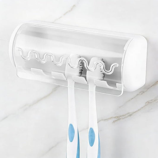 1 PCS Self Adhesive Toothbrush Holder with Cover for Bathroom, 5-Slot Wall Mounted Toothbrush Organizer Rack for Shower, Dorm, Cabinet (White)