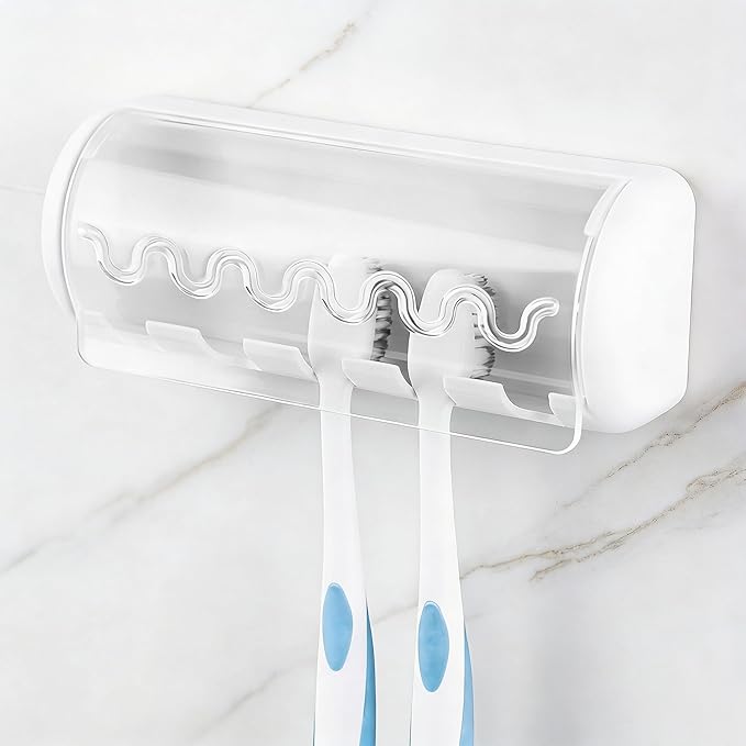2 PCS Self Adhesive Toothbrush Holder with Cover for Bathroom, 5-Slot Wall Mounted Toothbrush Organizer Rack for Shower, Dorm, Cabinet (White)