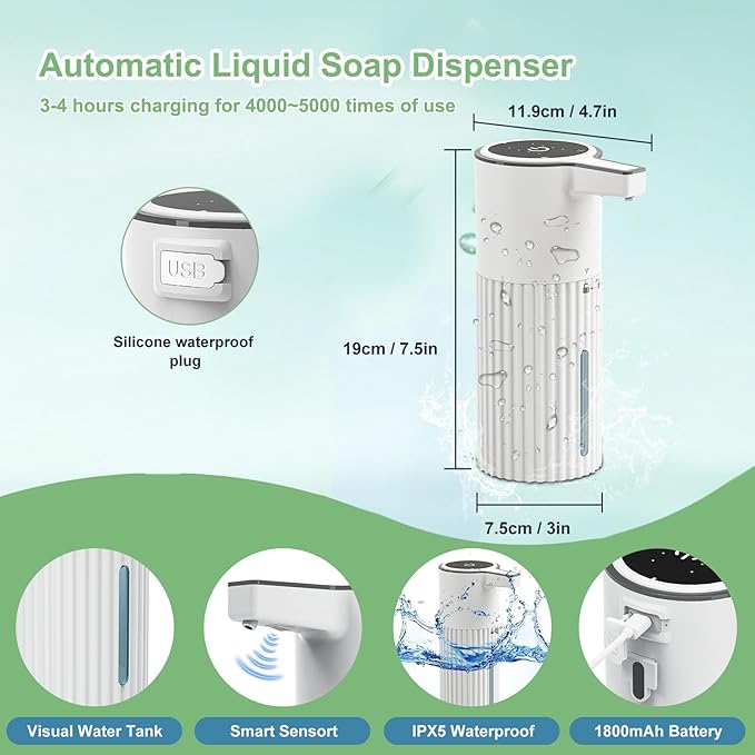 Automatic Soap Dispenser, Touchless Automatic Soap Dispenser,Soap Dispenser for Kitchen,Continuous Flow Control,400ml Capacity,Rechargeable Waterproof Adjustable Volume for Bathroom & Kitchen(Liquid)